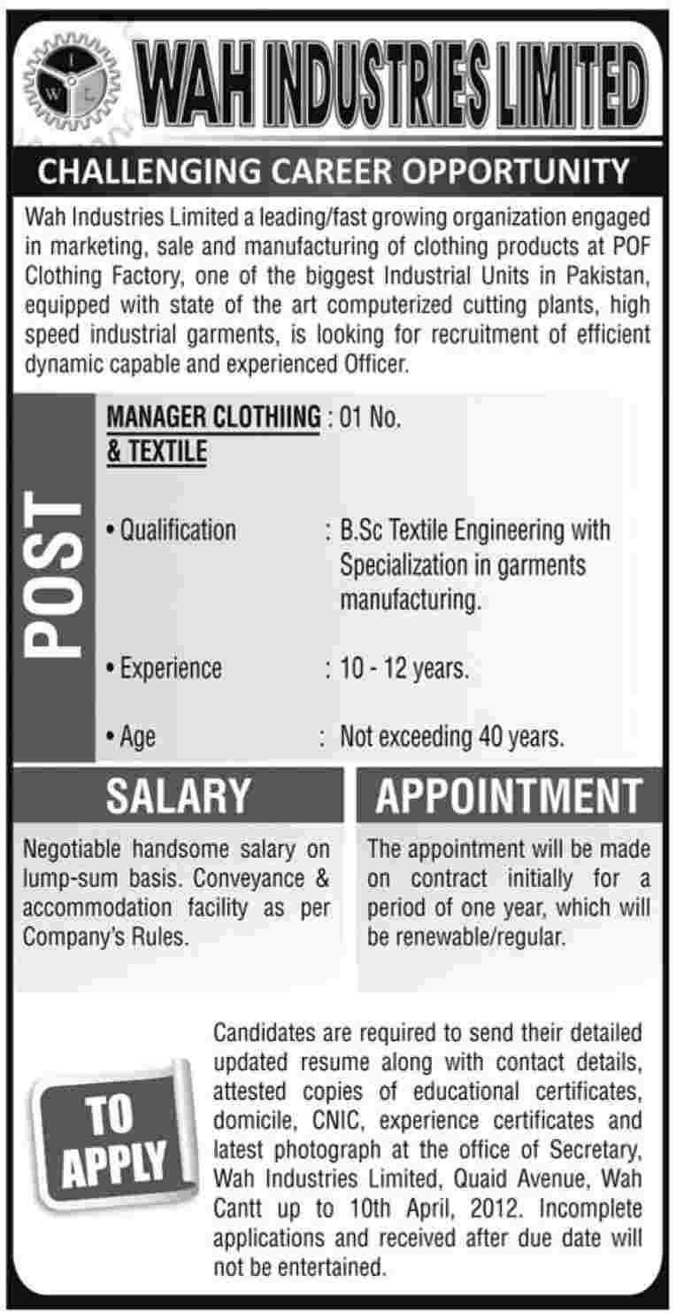 Wah Industries Limited (Govt.) Jobs