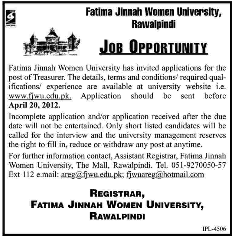 Fatima Jinnah Women University, Rawalpindi (Govt.) Jobs