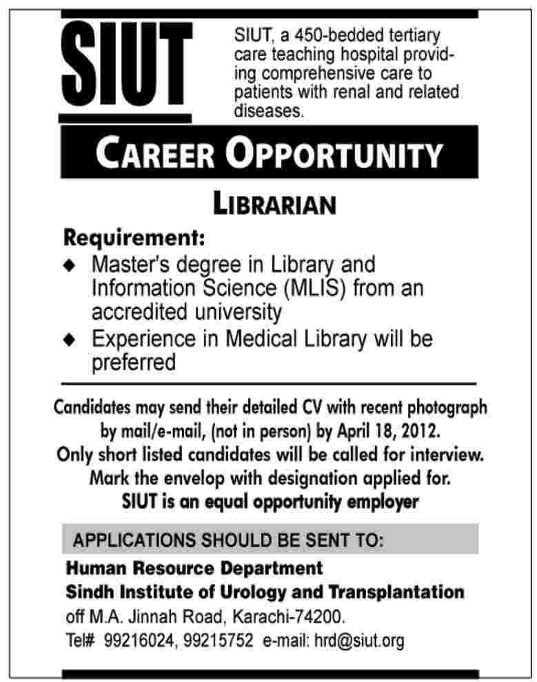 SIUT Teaching Hospital Requires Librarian