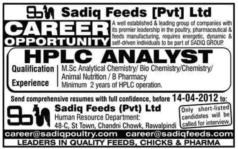 Sadiq Feeds Pvt Ltd. Requires HPLC Analyst