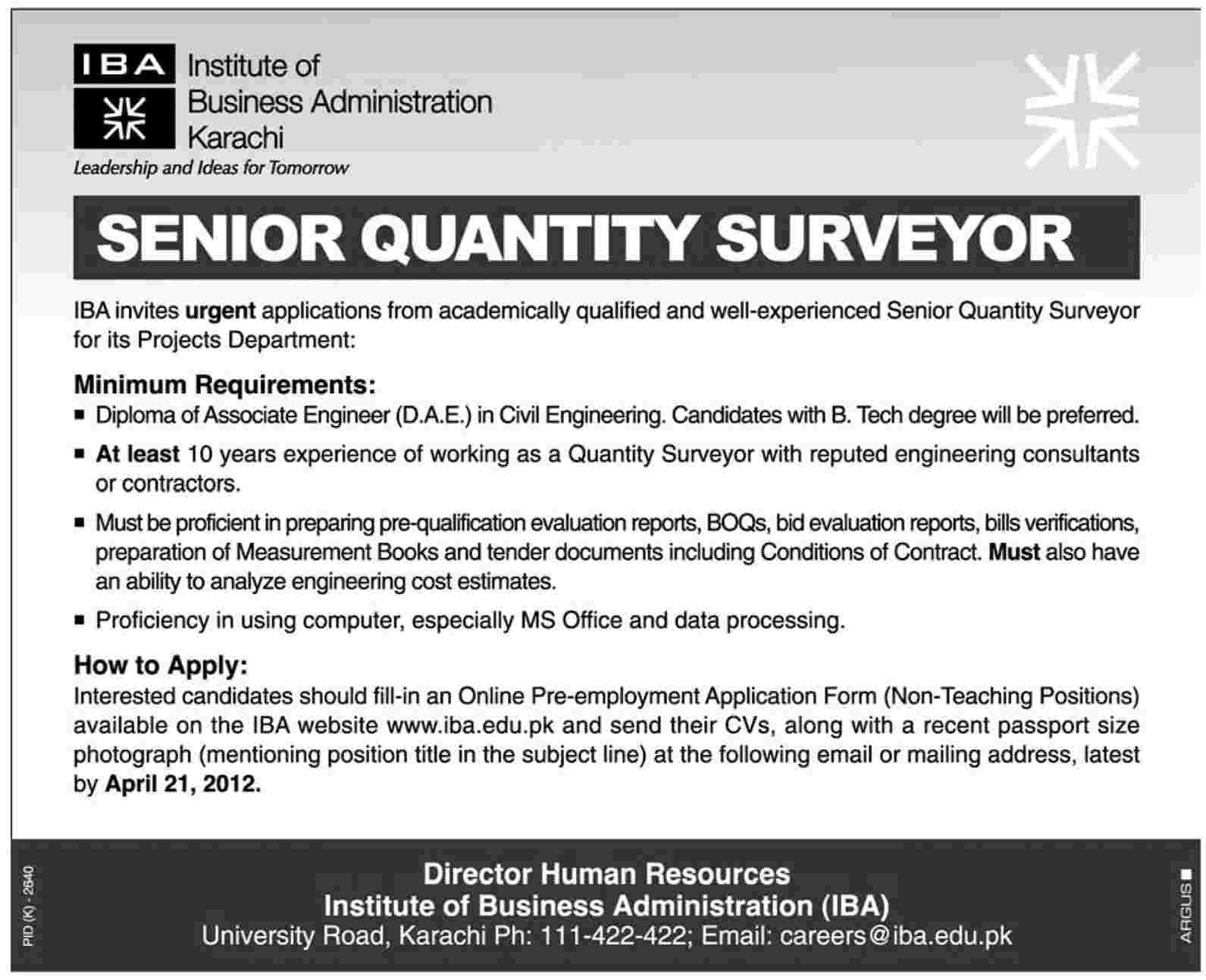 IBA Karachi Requires Senior Quantity Surveyor