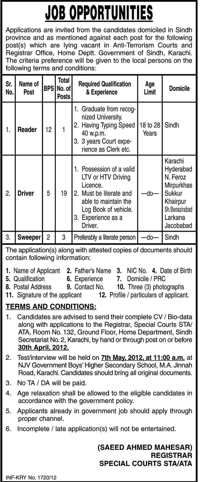 Anti-Terrorism Court and Registrar Office, Home Department Govt. of Sindh Jobs