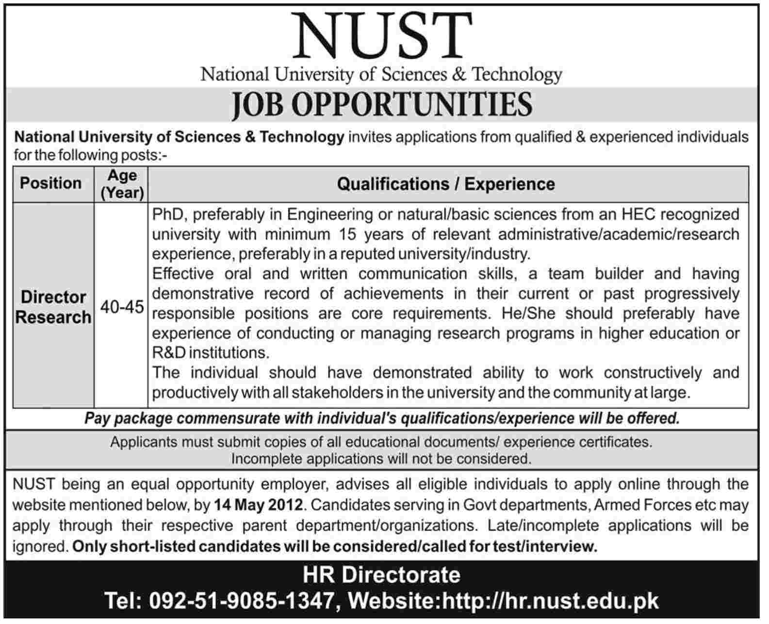 National University of Science &Technology (NUST) required Director Research