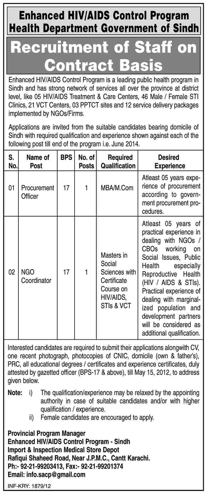 Recruitment of Staff on Contract Basis at Health Department of Sindh (Govt. Job)