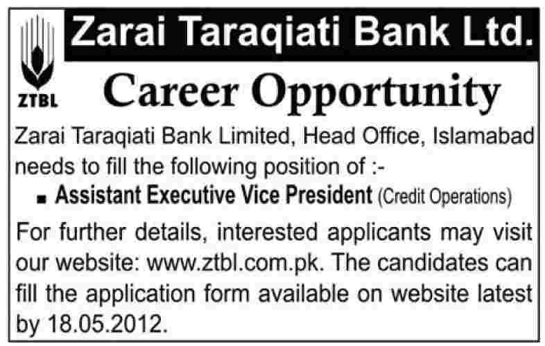 Assistant Executive Vice President (Credit Operations) Required at ZTBL