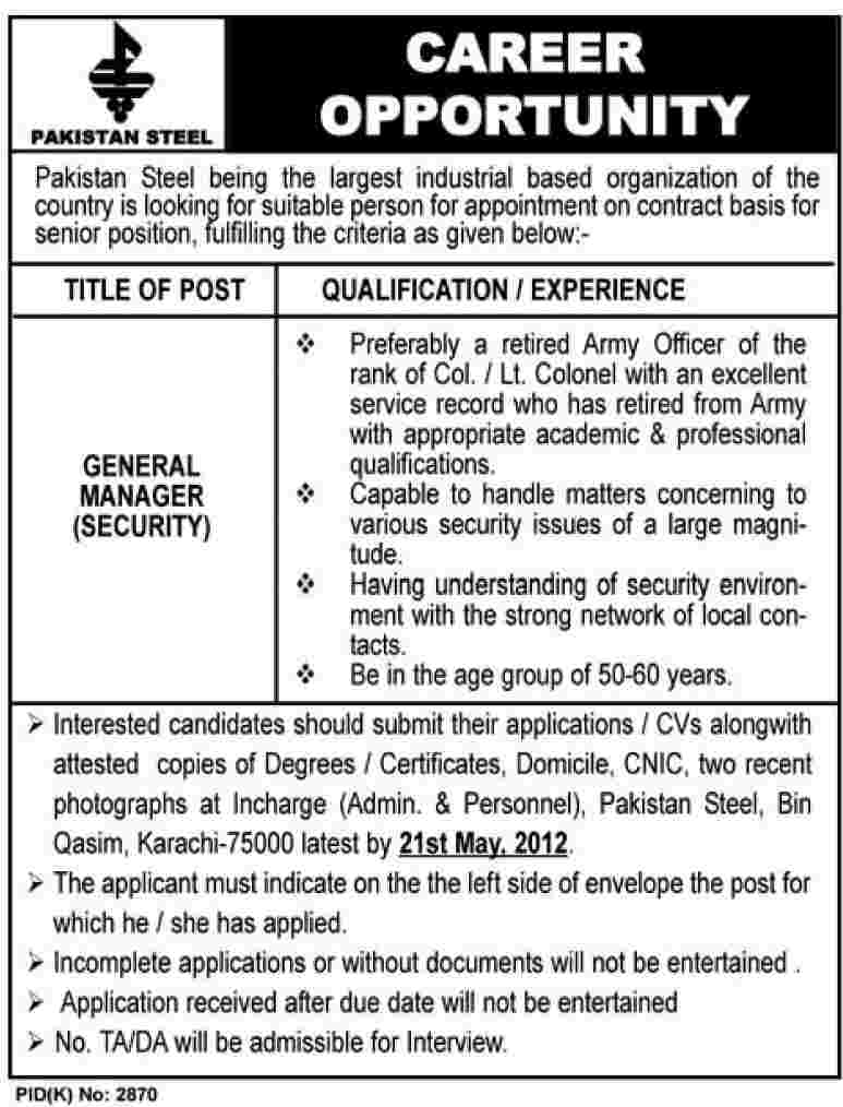 General Manager Required at Pakistan Steels  (Govt. Job)