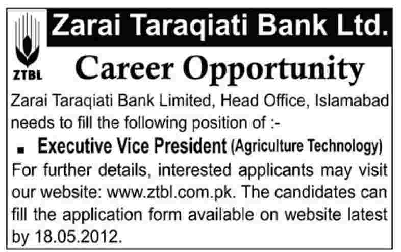 Executive Vice President (Agriculture Technology) Required at ZTBL