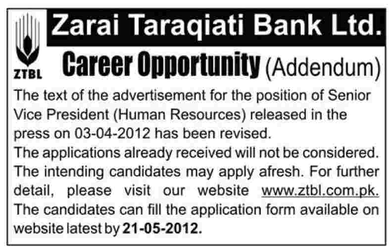 Senior Vice President (Human Resource) Required at ZTBL