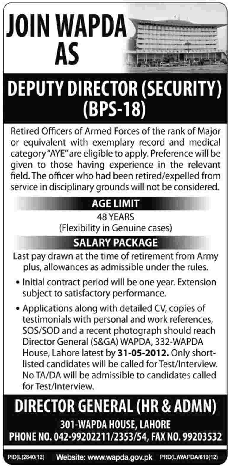 Deputy Director (Security) Required at WAPDA