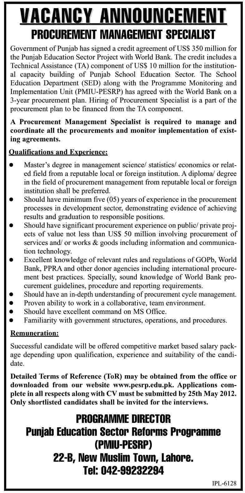 Procurement Manager Required for Punjab Education Sector with World Bank