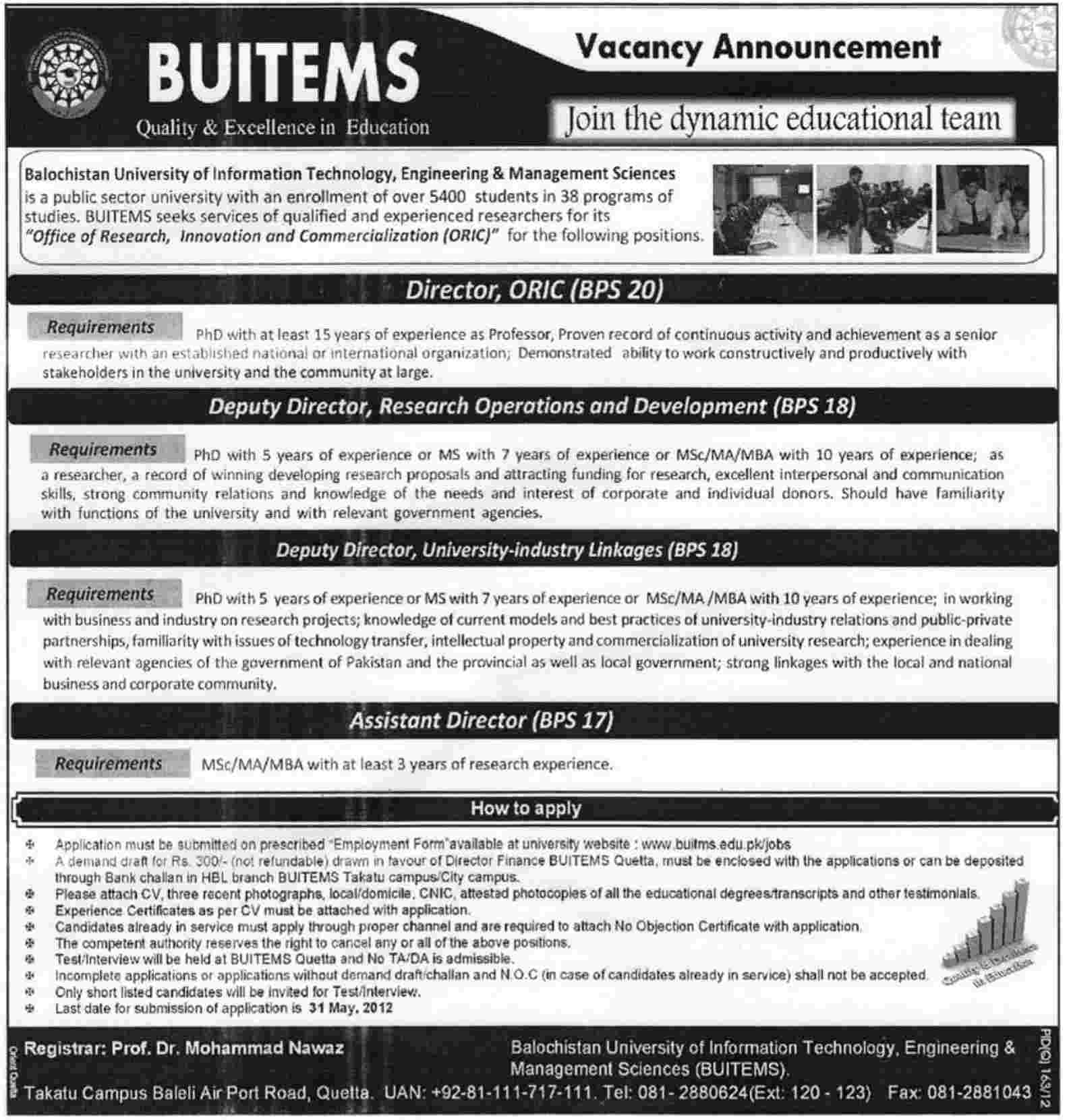 Educational Team Required at Balochistan University of Information Technology (Govt. job)