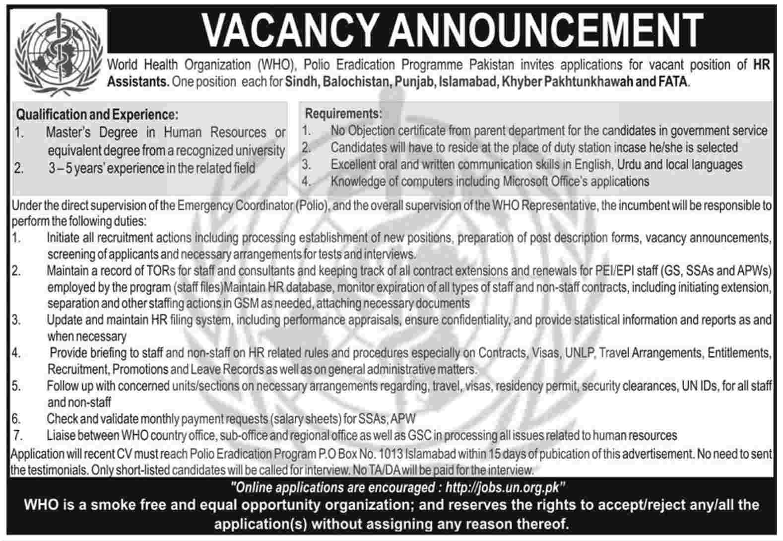 HR Jobs at W.H.O, Polio Eradication Programme