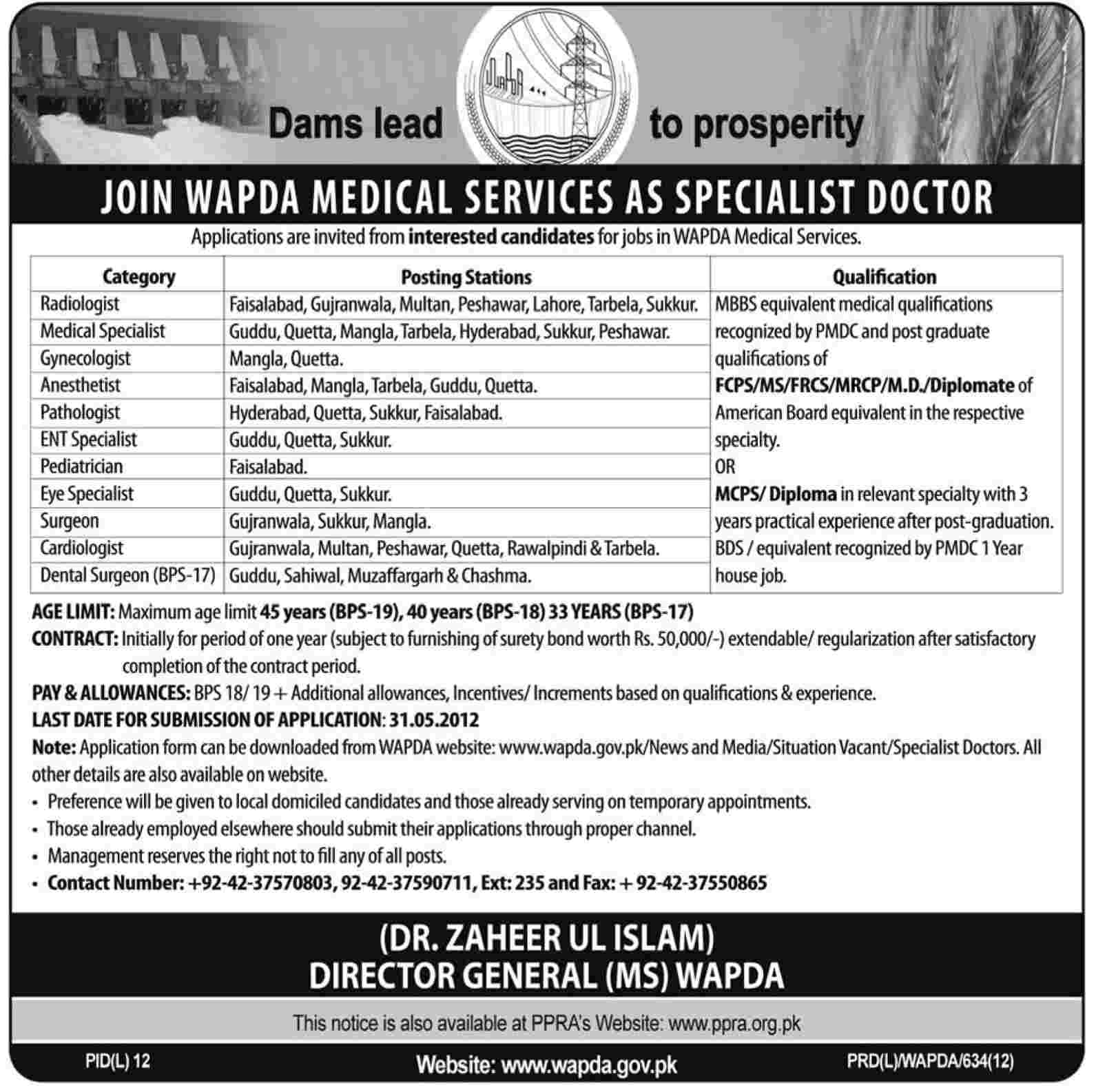 Specialist Doctors Required at WAPDA