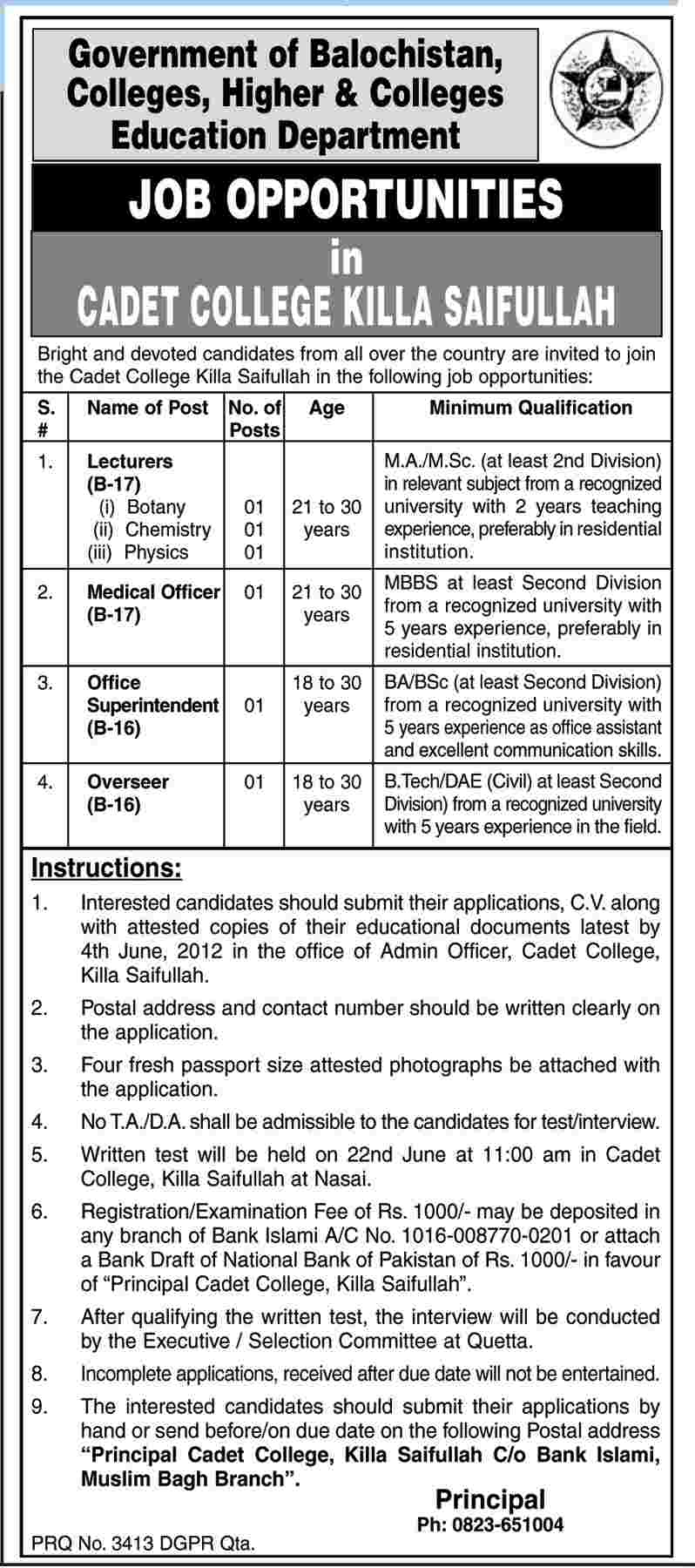 Teaching and Administrative Staff Required at Cadet College Killa Saifullah