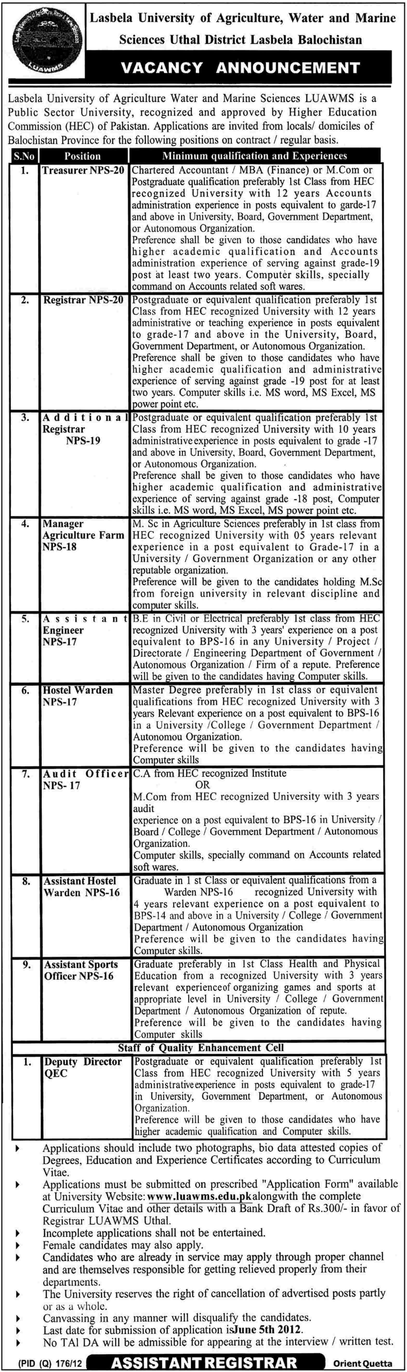 Administrative Jobs at Lasbela University of Agriculture, Water and Marine Sciences