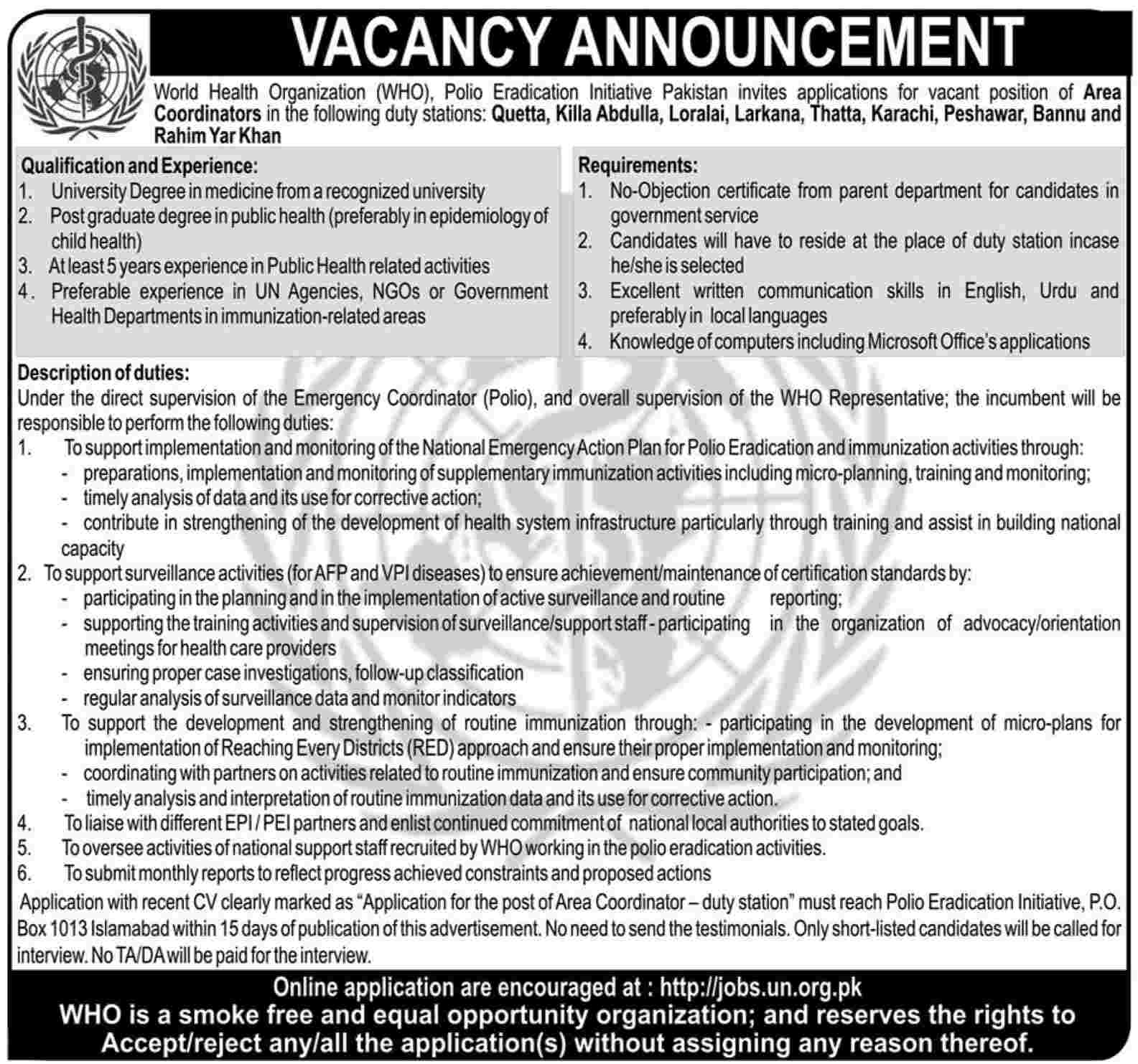 Area Coordinator Job at W.H.O Polio Eradication Initiative Pakistan