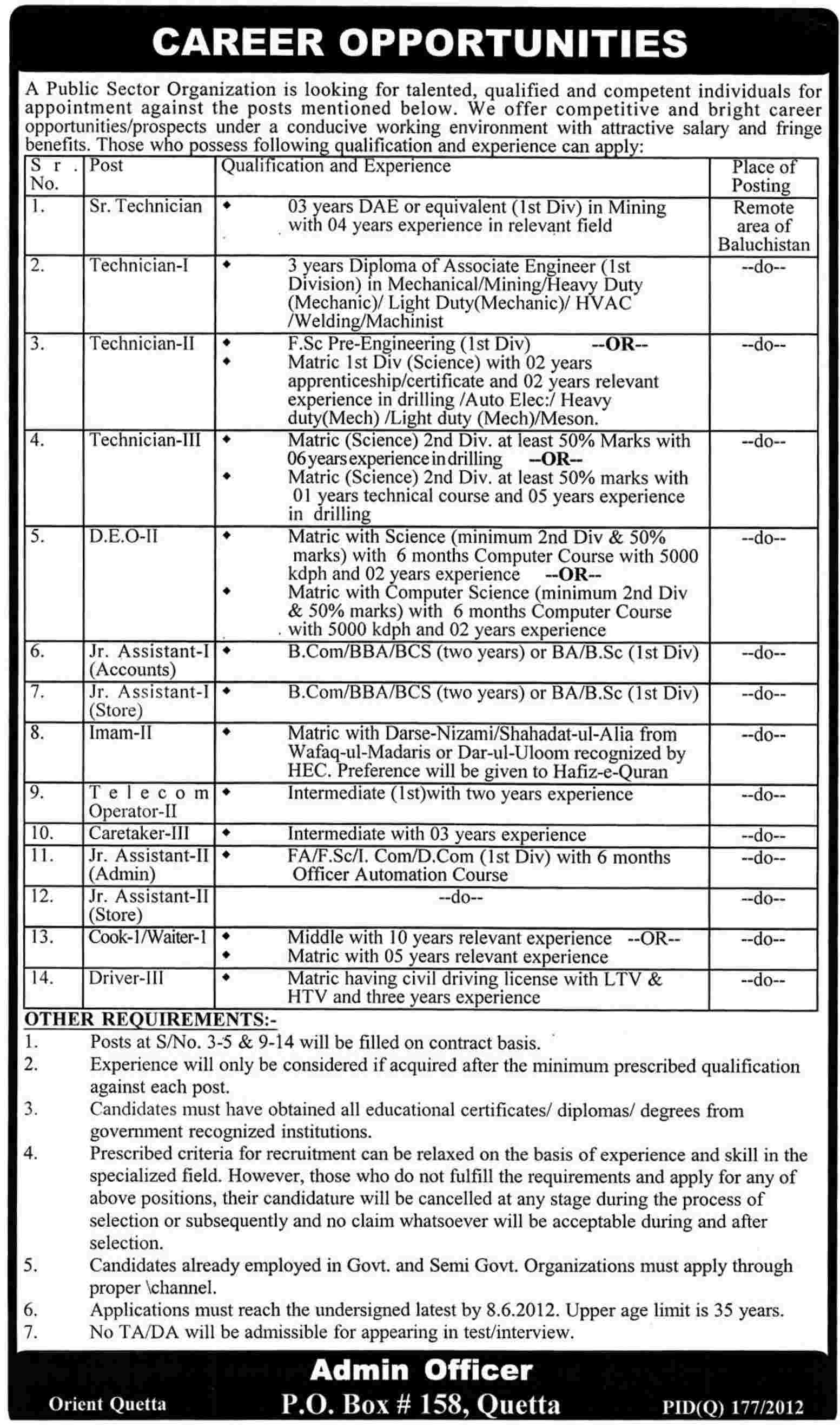 Talented Technicians and Office Supporting Staff Required by a Public Sector Organization