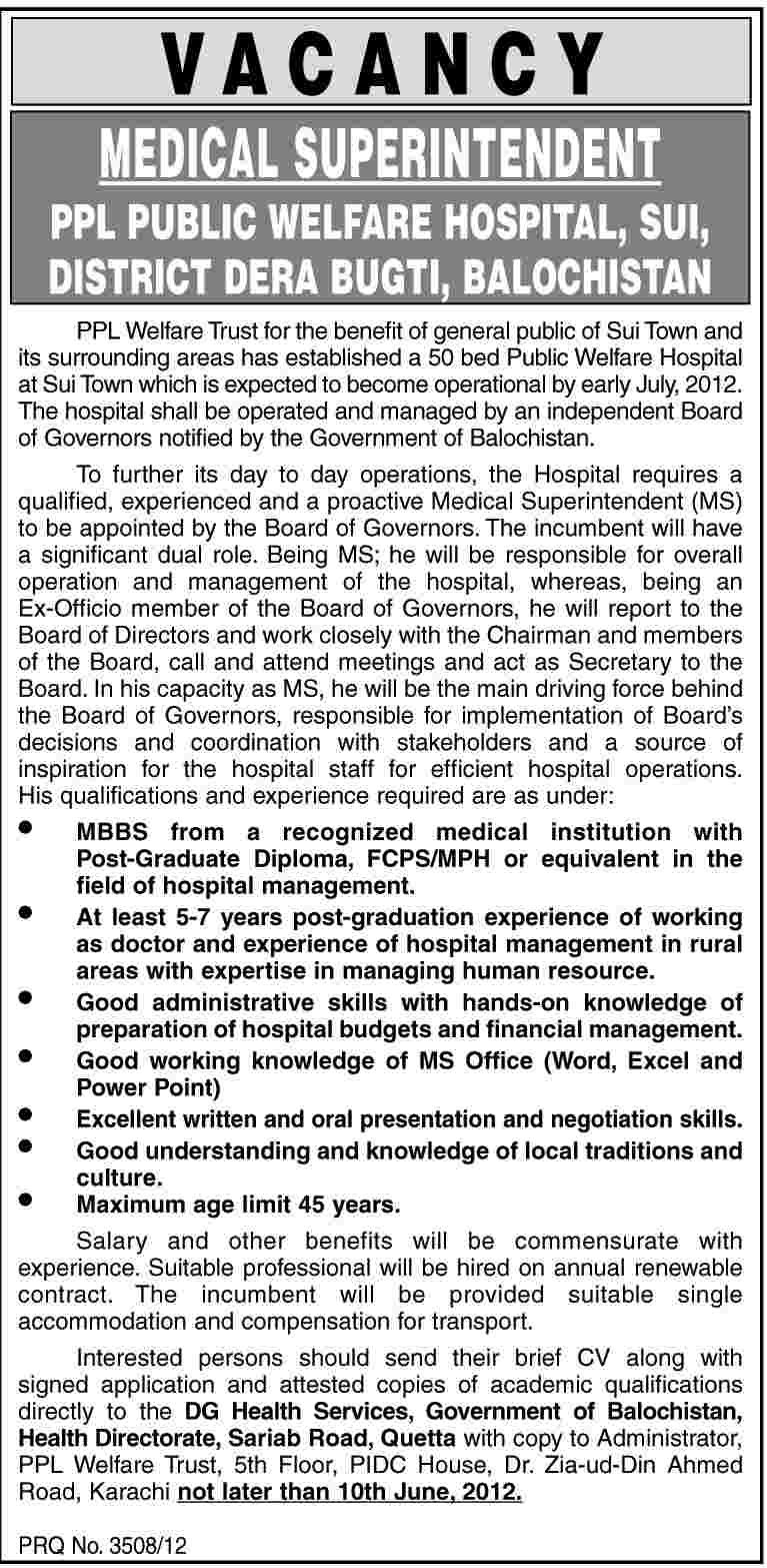 Medical Superintendent Required at PPL Public Welfare Hospital