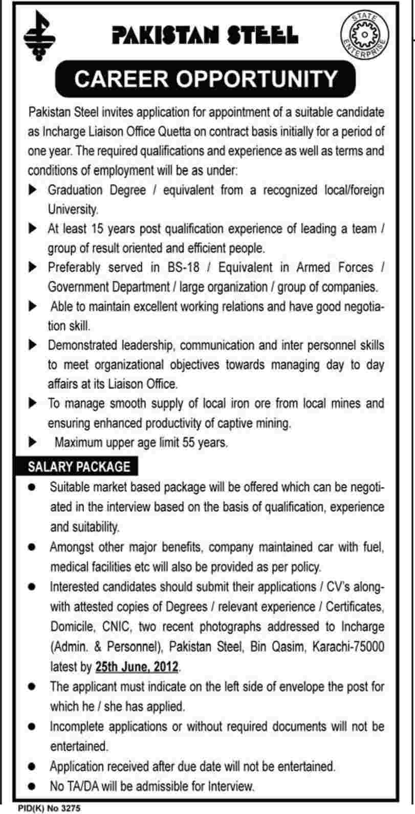 Incharge Liaison Required at Pakistan Steels