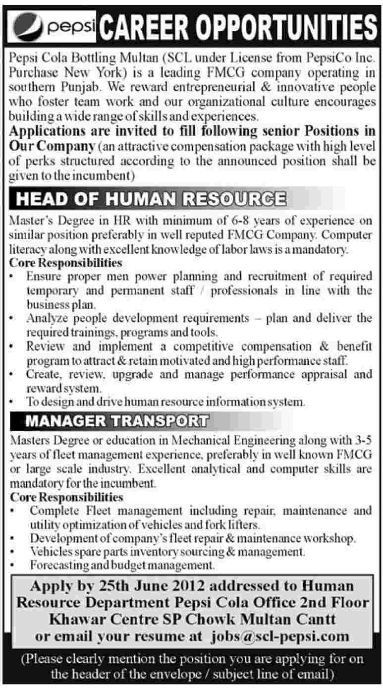 Head of Human Resource and Transport Manager Required at FMCG Company (Pepsi Cola Bottling)
