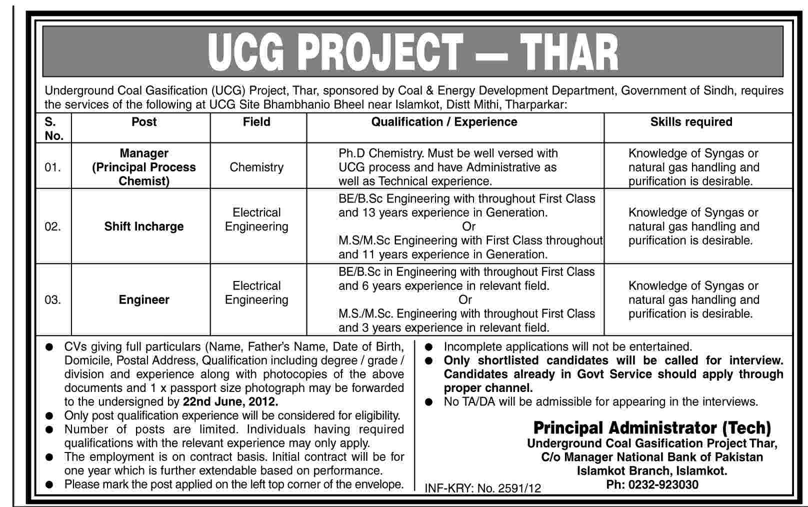 Manager and Engineer Required Under UCG Project