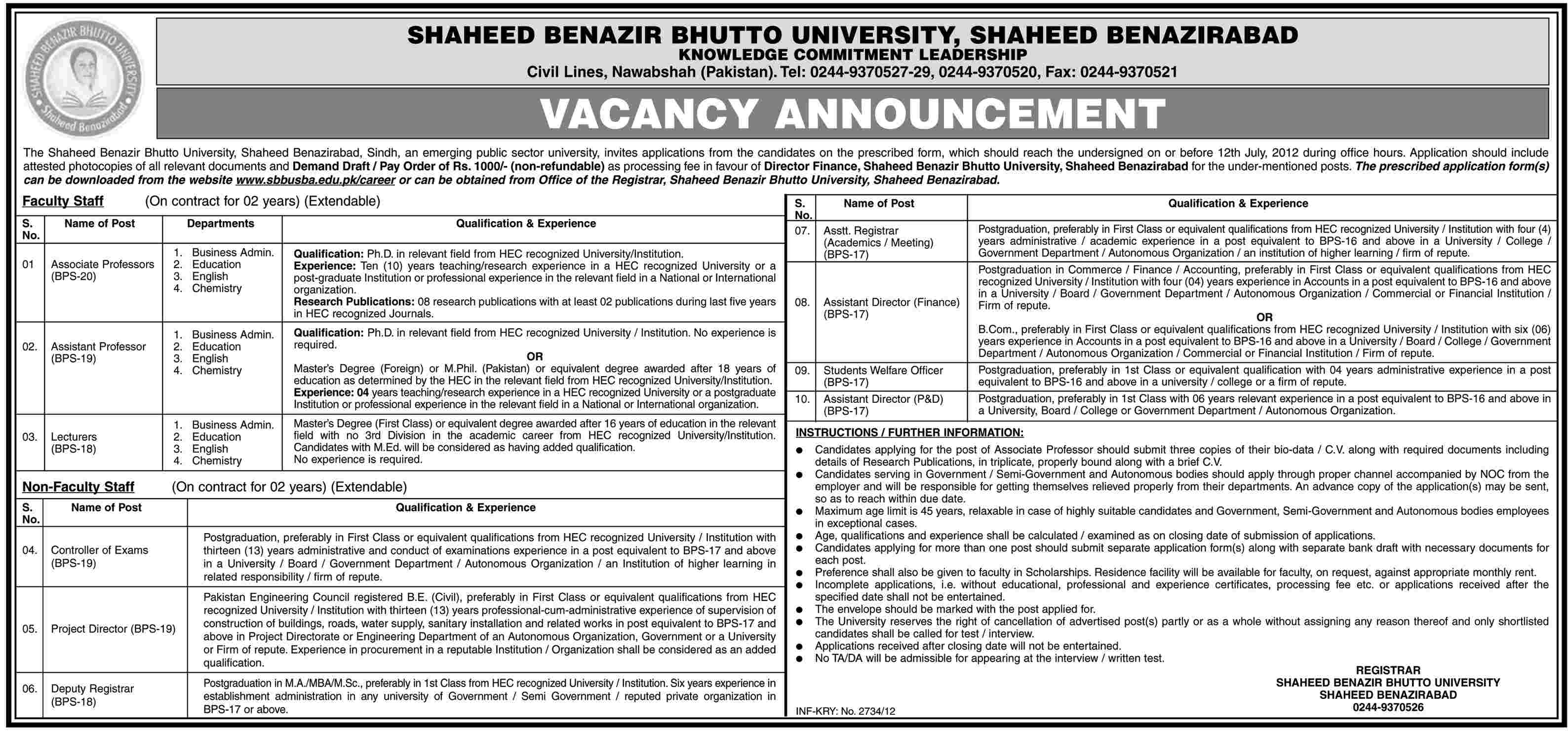 Teaching and Non-Teaching Staff Required at Shaheed Benazir Bhutto University (Govt. job)