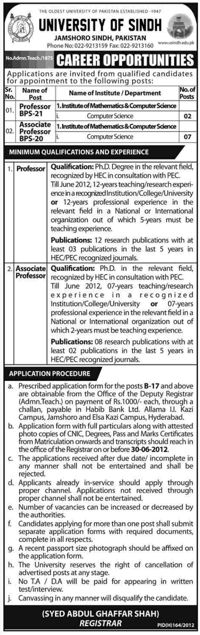 Teaching Faculty Required at University of Sindh (Govt. job)