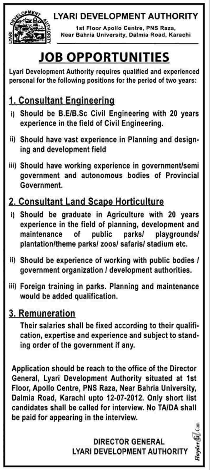 Consultants Needed by Lyari Development Authority (LDA) (Govt. job)