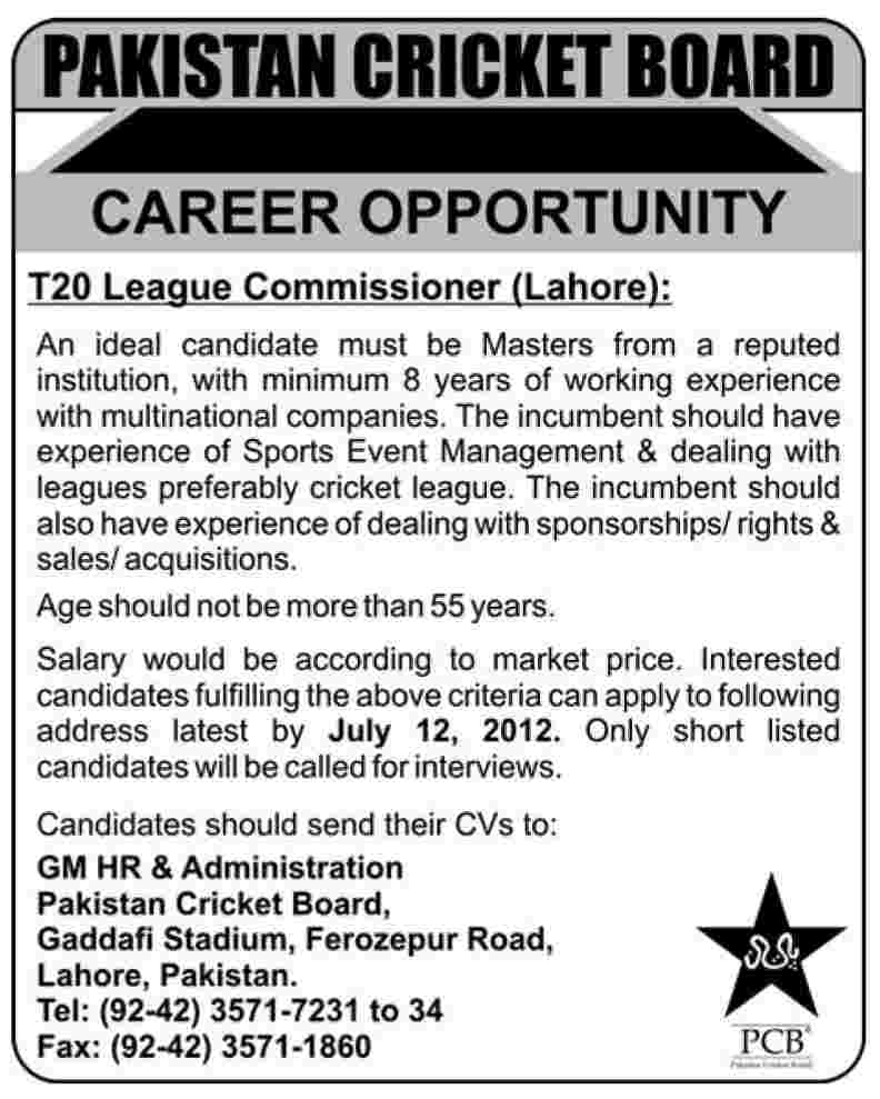 Pakistan Cricket Boad (PCB) Requires T20 League Commissioner (Govt. job)
