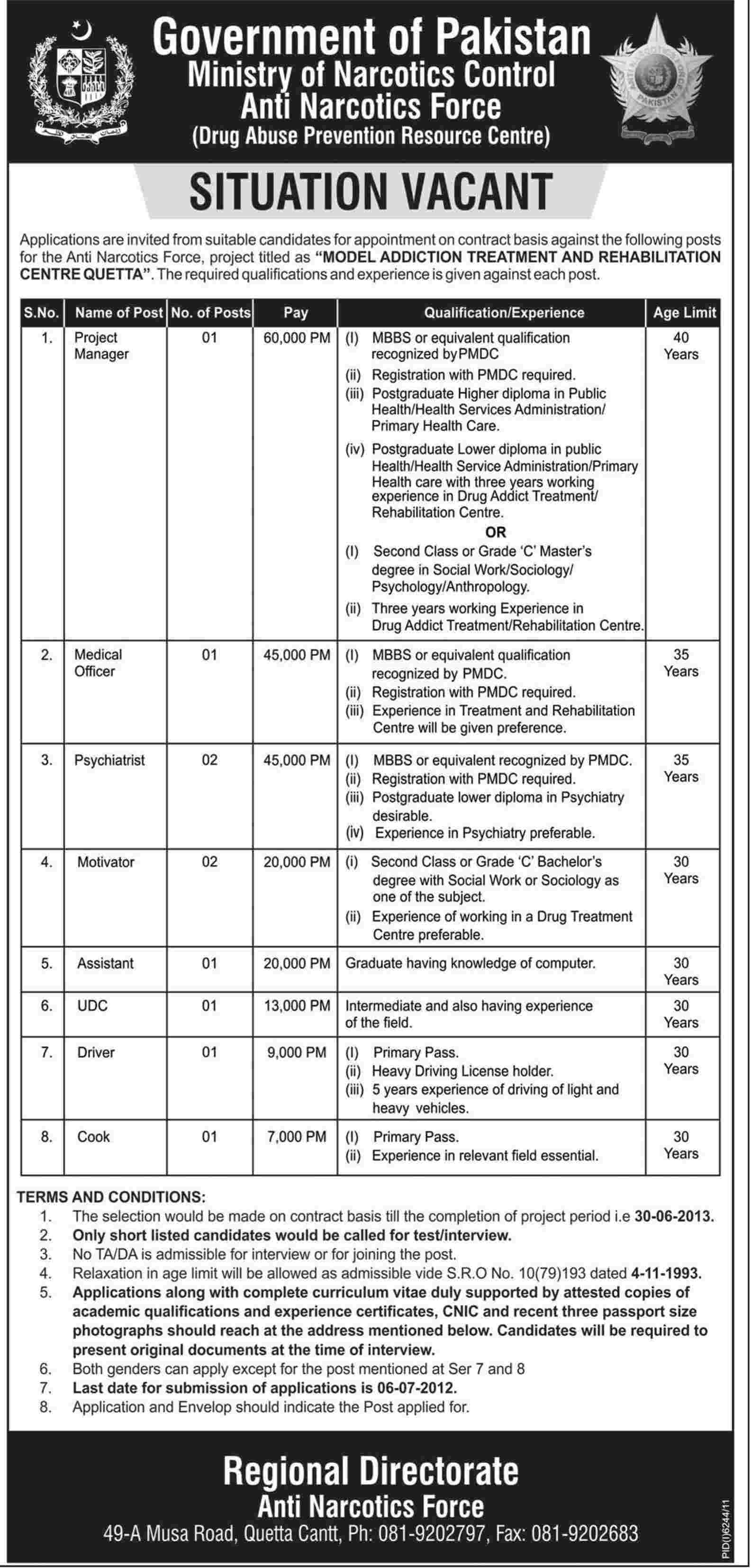 Ministry of Narcotics Control Anti Narcotics Force Requires Medical Specialists and Admin Staff (Govt. job)