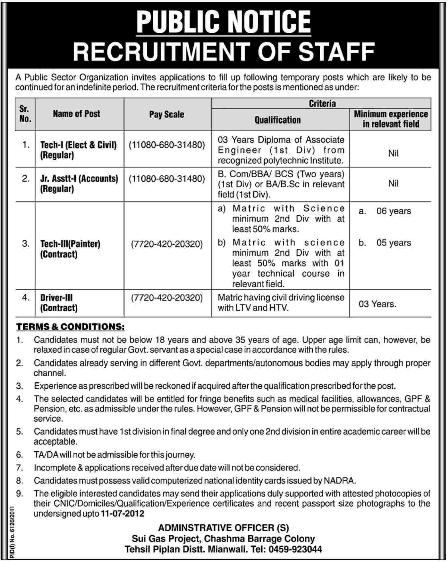 Technical Staff and Driver Required by a Public Sector Organization (Govt. job)