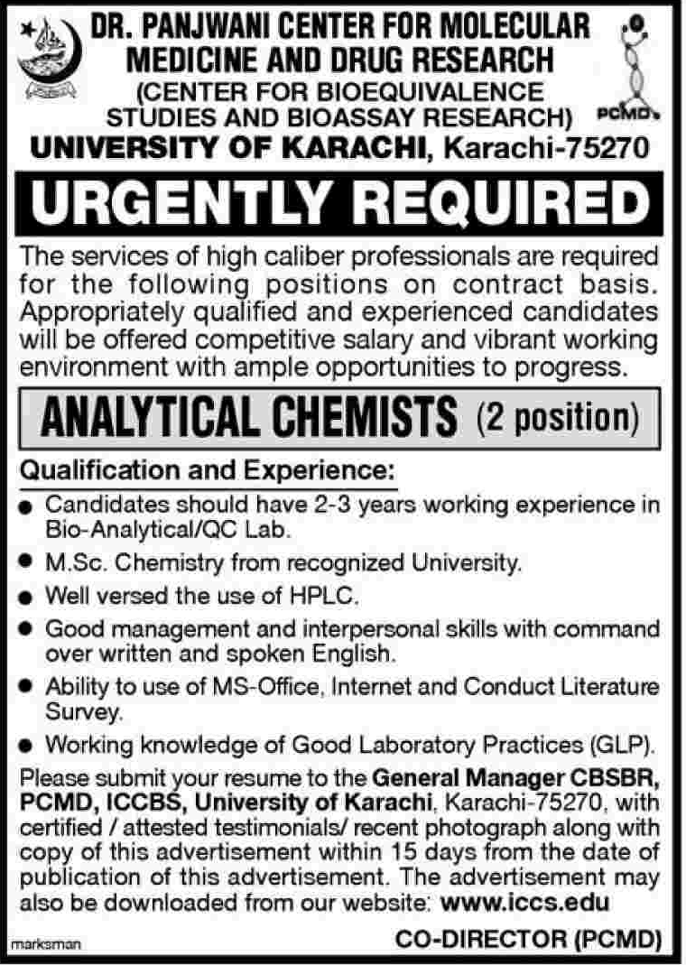 Analytical Chemists Required Under University of Karachi at ICCBS