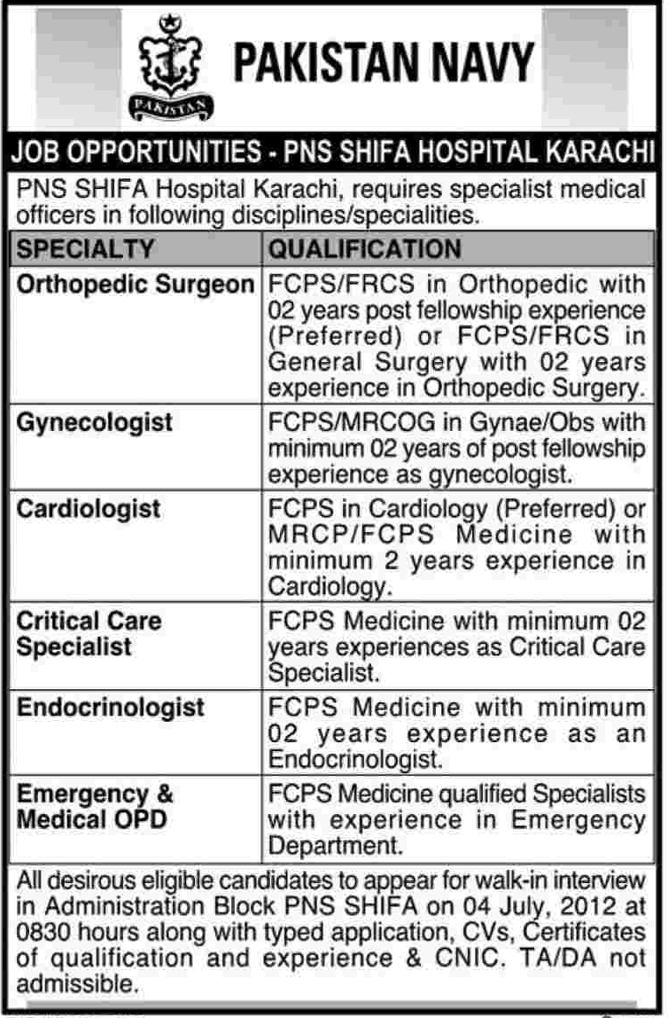 PNS Shifa Hospital Requires Specialist Doctors (Govt. job) (Pakistan Navy)