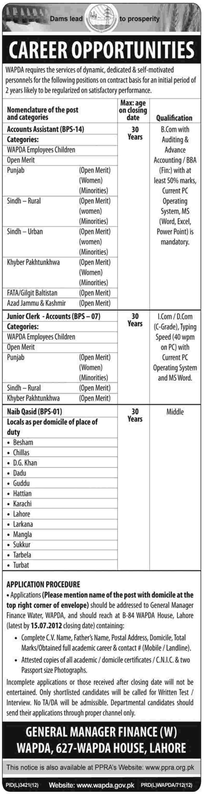 WAPDA Requires Accounts and Clerikal Staff (Govt. job)