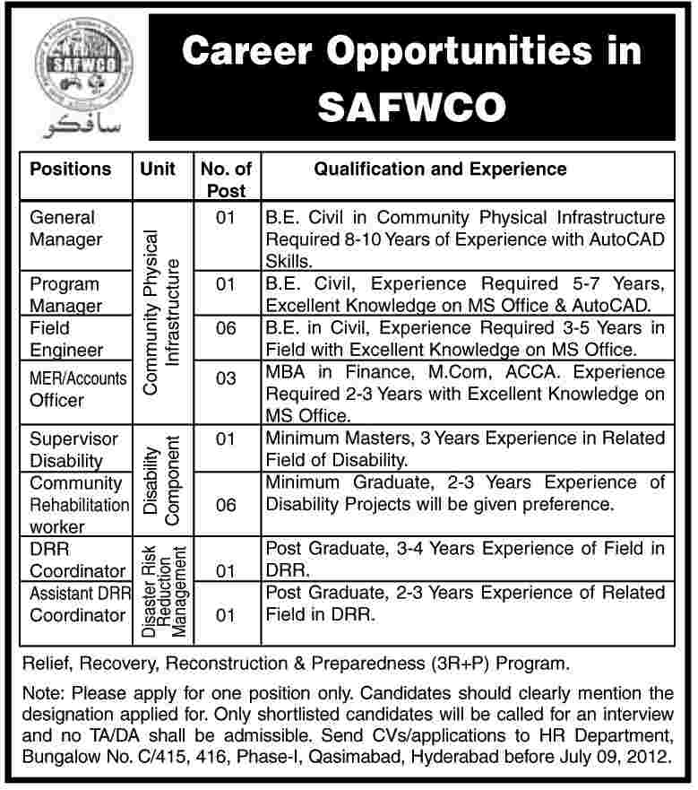 Construction Management Staff Required by SAFWCO.