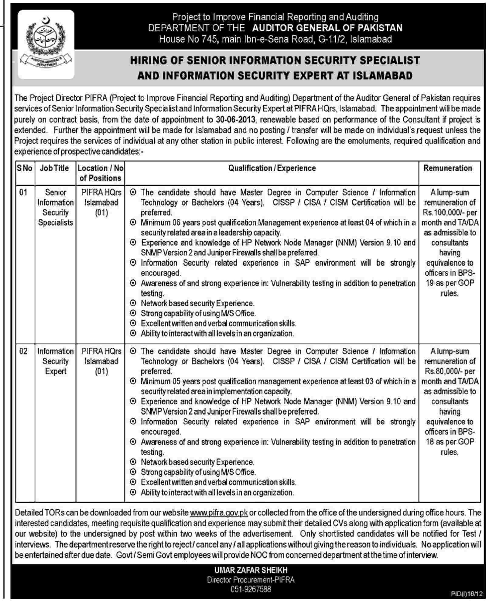 Senior Information Security Specialist and Information Security Expert Required at Department of The Auditor General of Pakistan (PIFRA HQrs) (Govt. job)