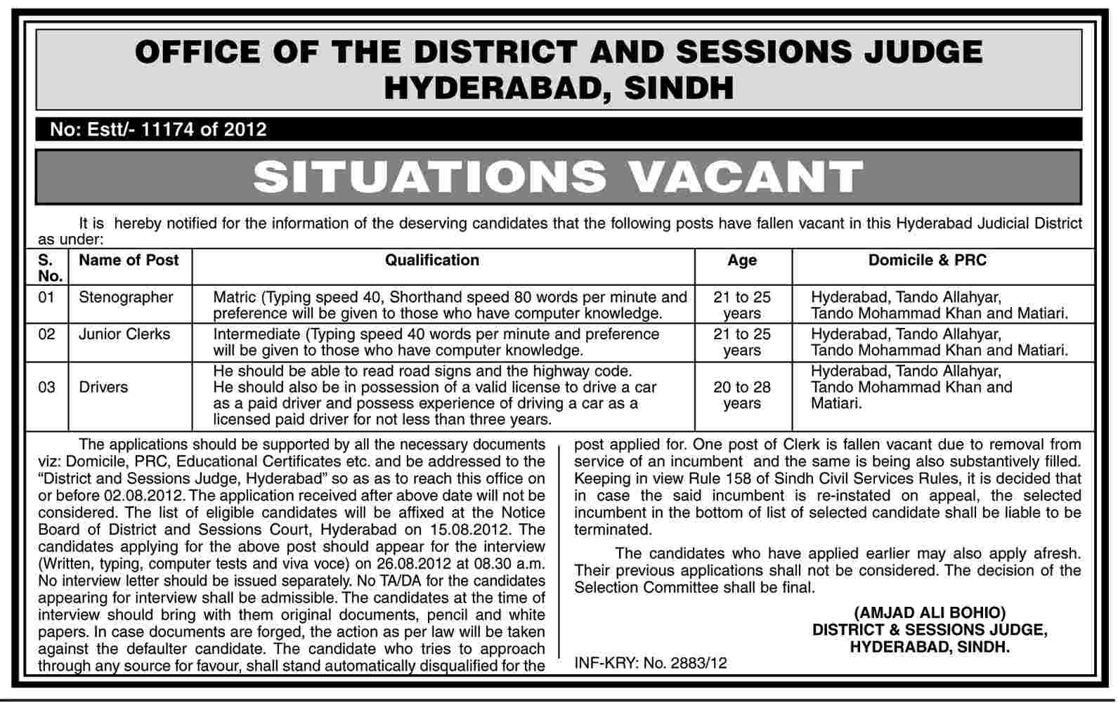 Clerk and Stenographer Job at The Office of District and Sessions Judge Hyderabad (Govt. job)