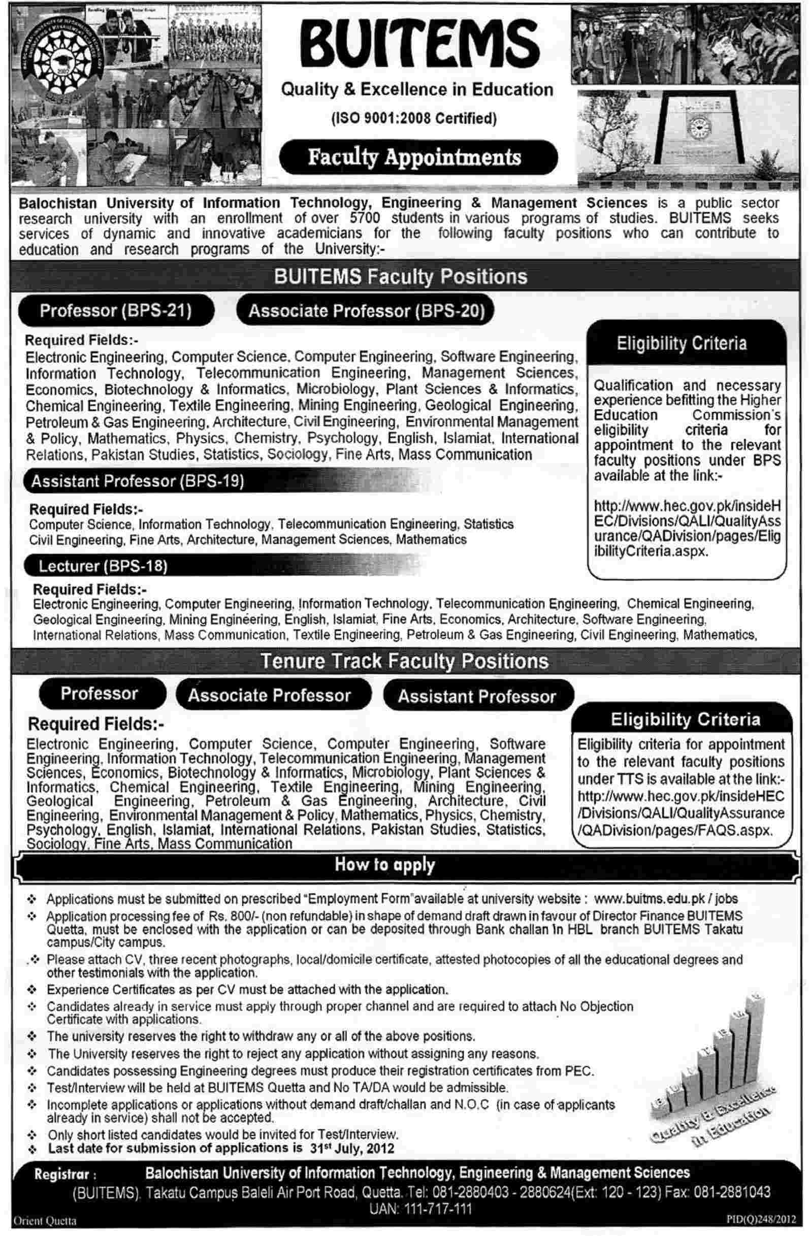 BUITEMS Balochistan University of Information Technology, Engineering & Management Sciences Requires Teaching Faculty (Govt. job)