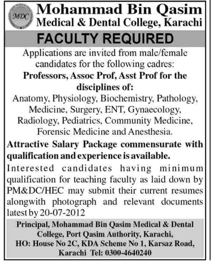 Muhammad Bin Qasim Medical & Dental College Requires Medical Teaching Faculty