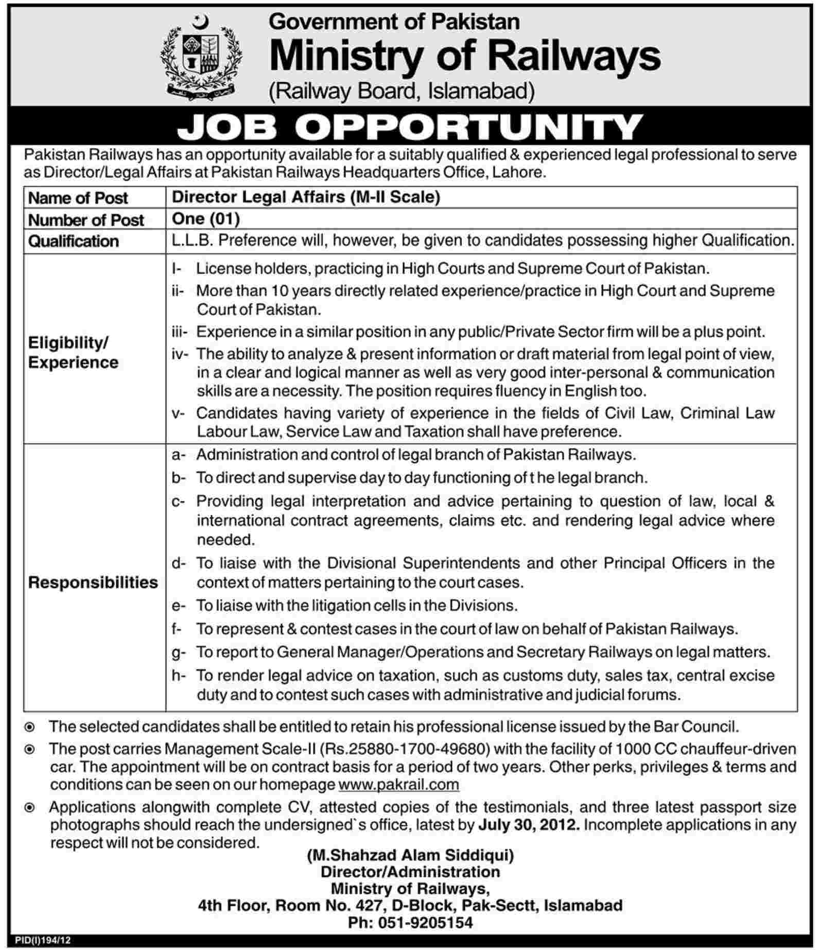 Pakistan Railways Head Quarters Office Lahore Requires Director Legal Affairs (Ministry of Railways) (Government Job)