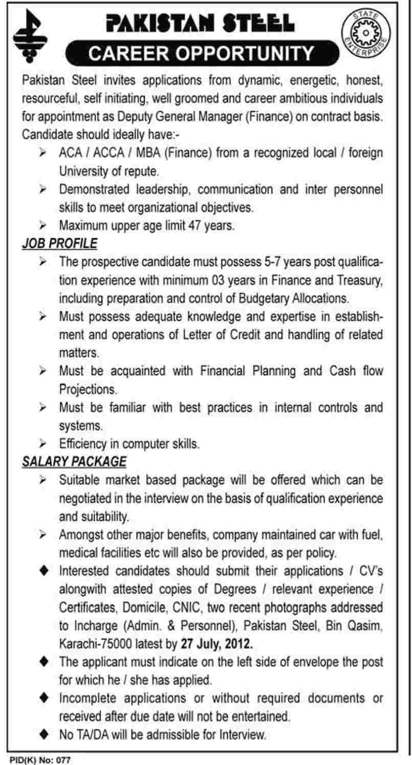 General Manager Finance Job at Pakistan Steels (Government job)