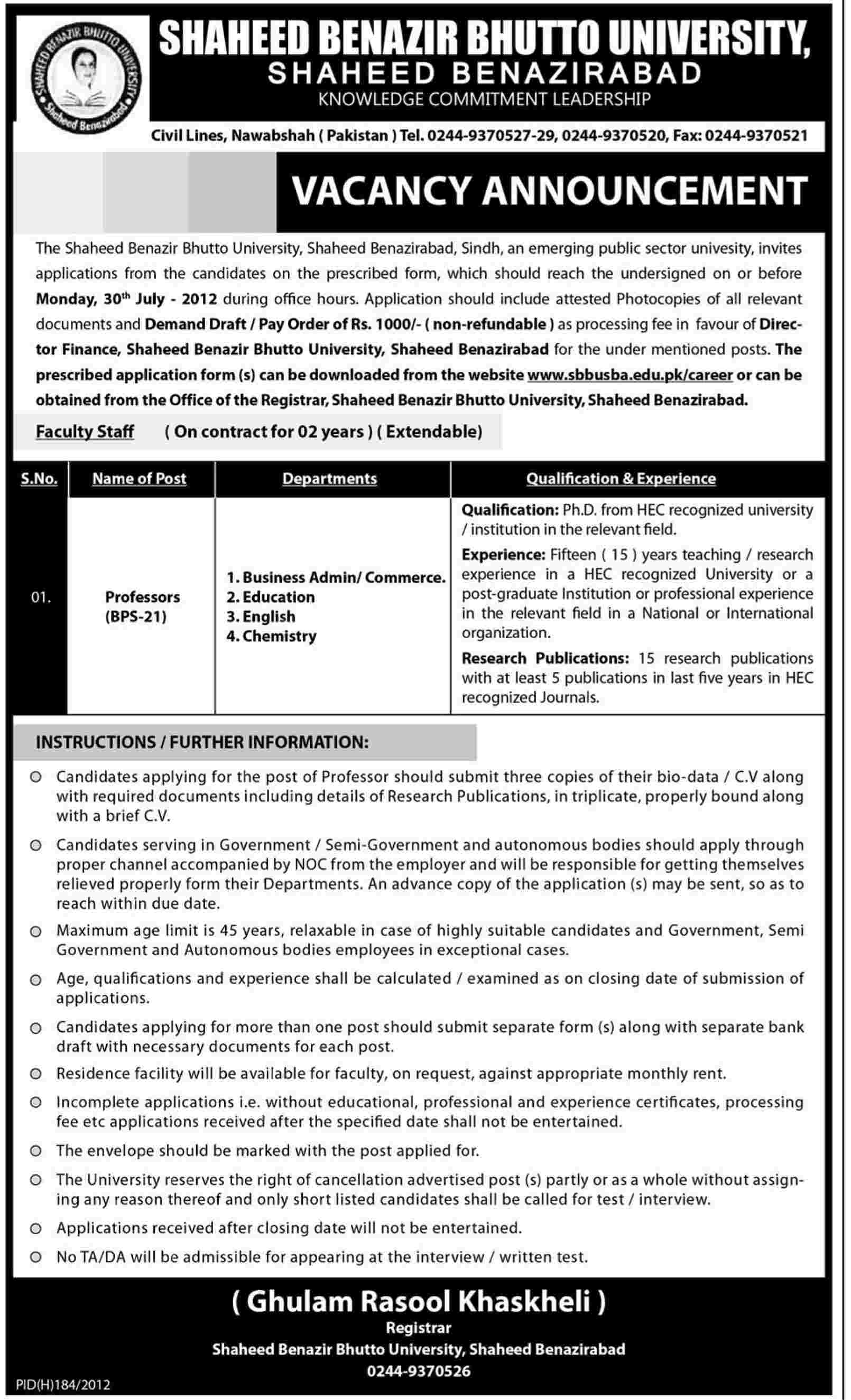 Shaheed Benazir Bhutto University Requires Teaching Faculty (Government Job)