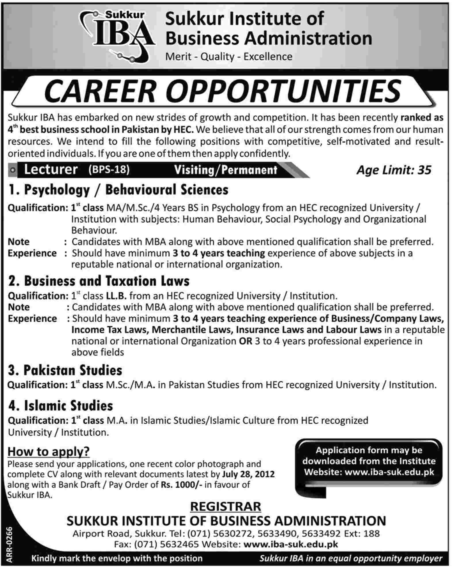 IBA Institute of Business Administration Sukkur Requires Teaching Staff