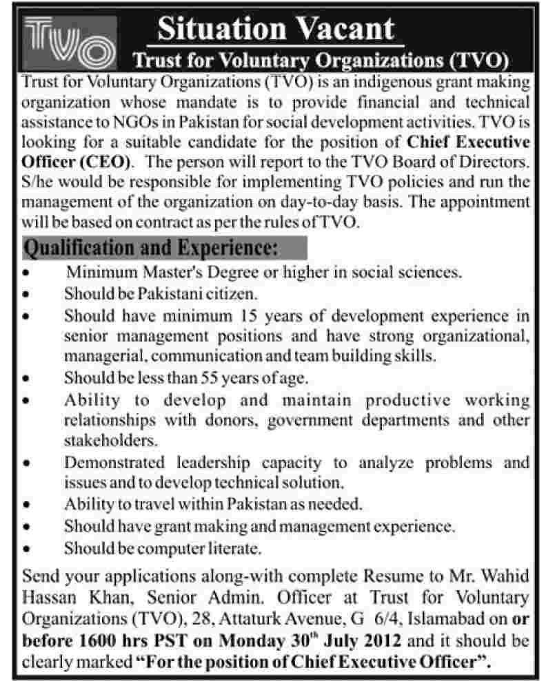 Trust for Voluntary Organizations (TVO) Requires Chief Executive Officer (CEO)