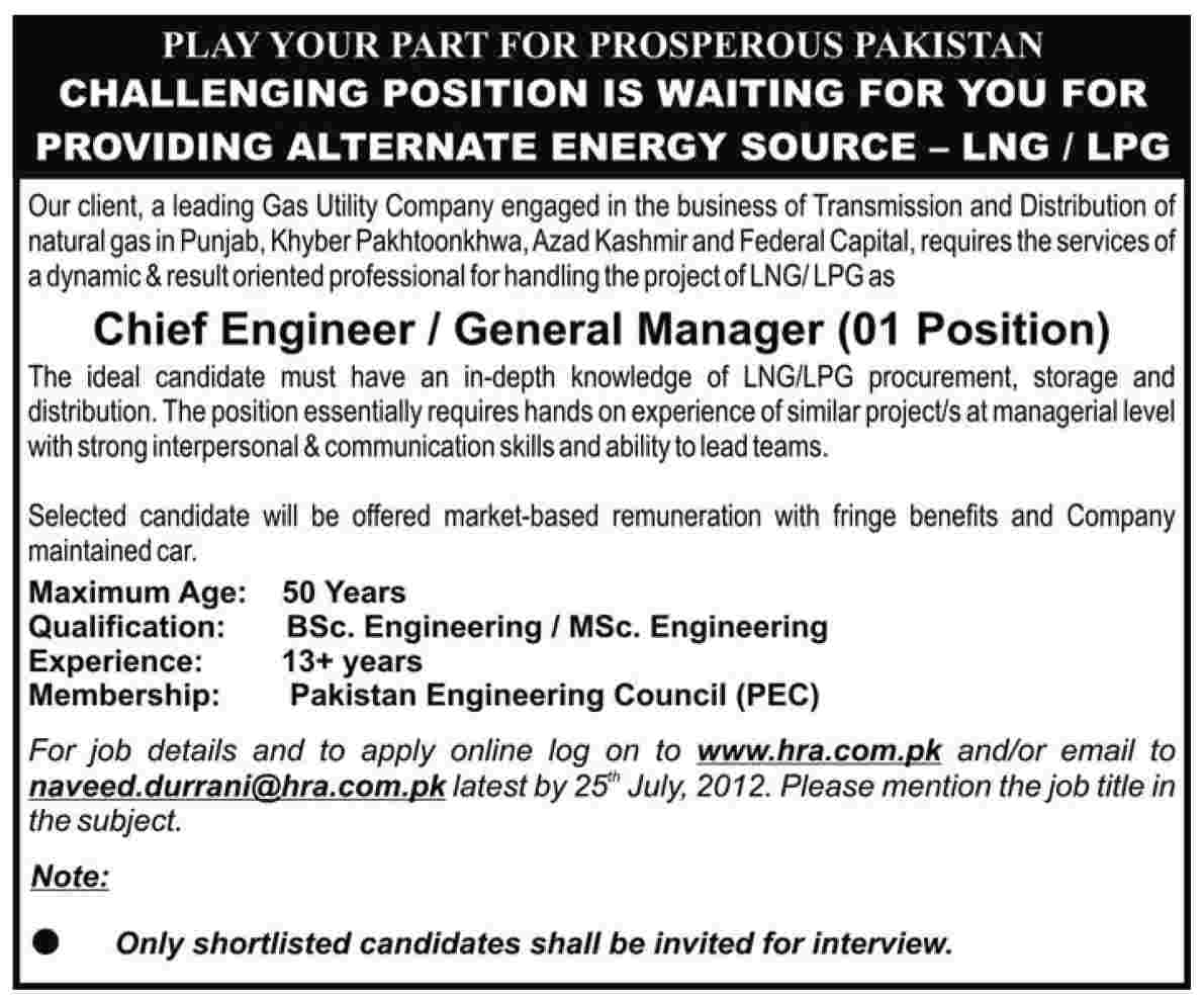 A Leading Gas Utility Company Requires Chief Engineer/ General Manager (Oil and Gas Sector Job)