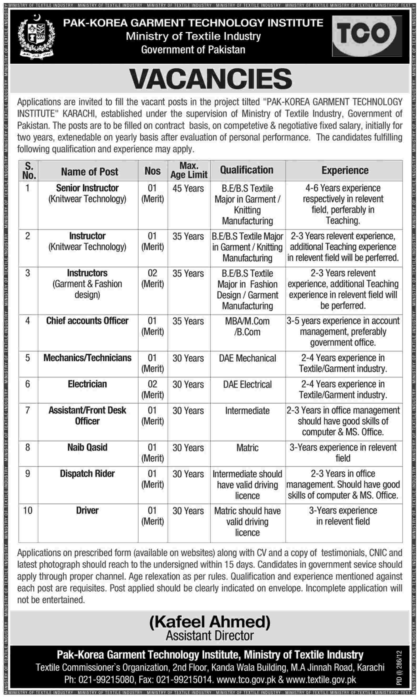 Pak Korea Garment Technnology Institute (Ministry of Textile Industry) Requires Admin and Teaching Staff (Government Job)