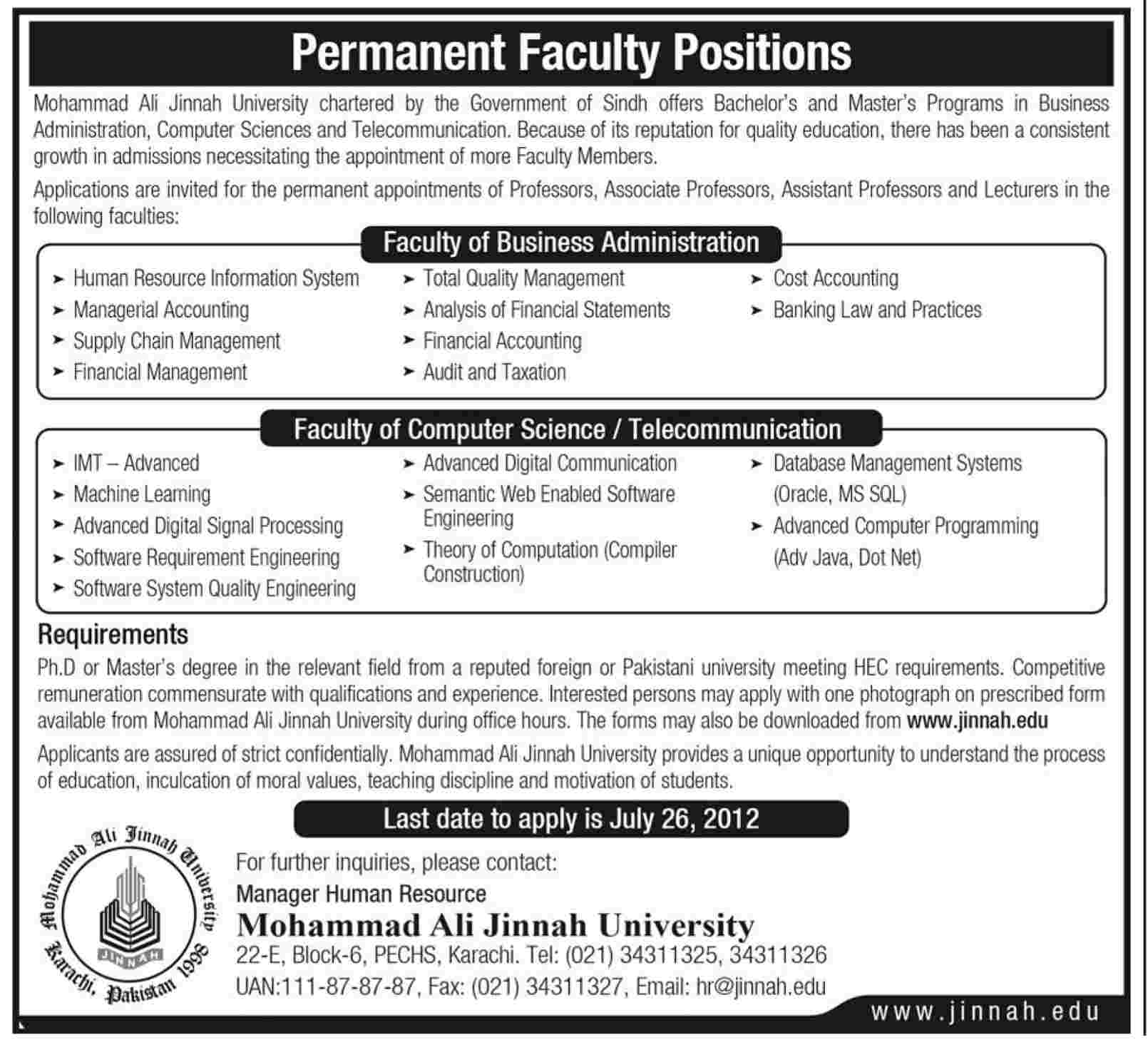 Muhammad Ali Jinnah University Requires Permanent Teaching Faculty