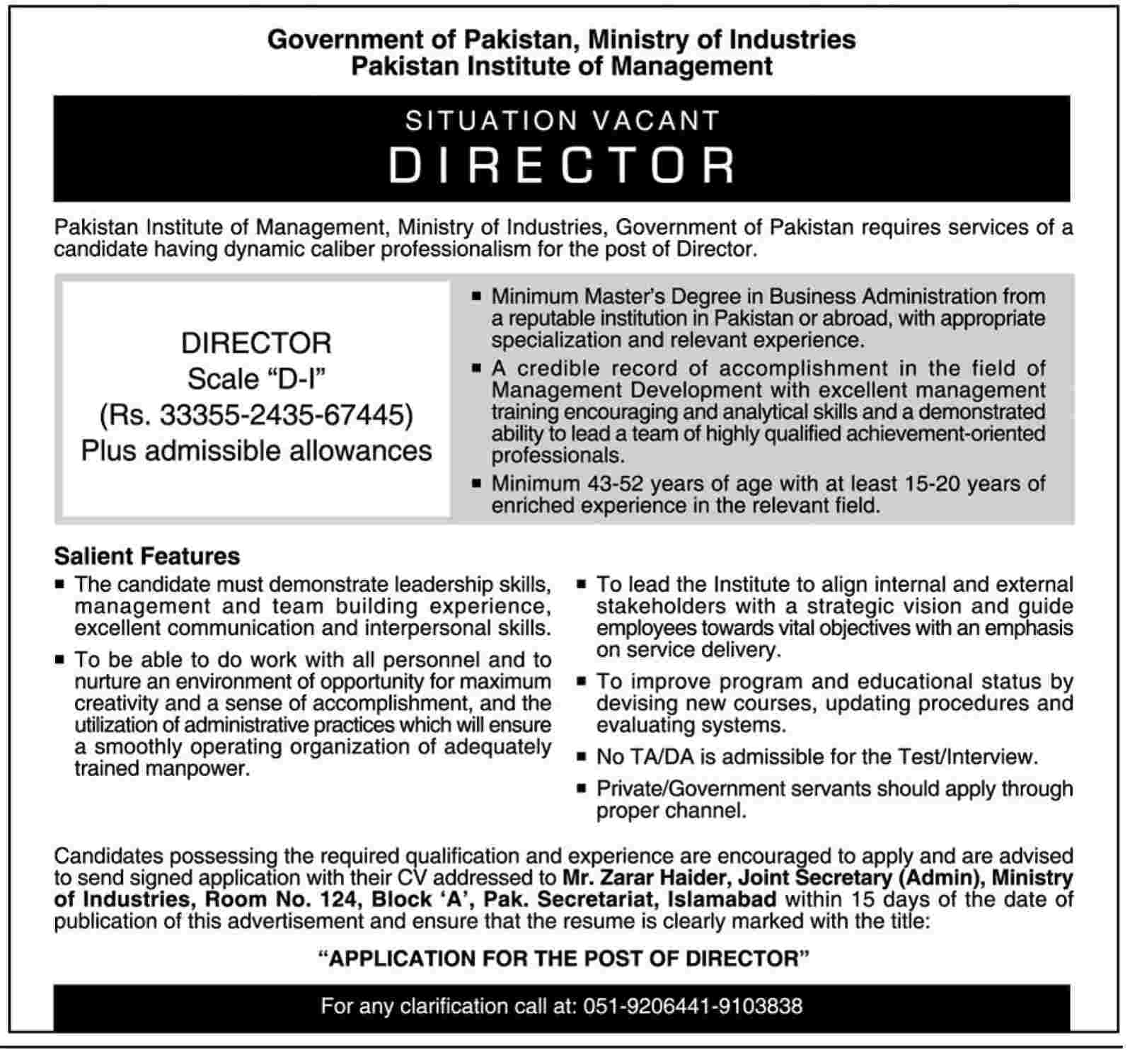 Pakistan Institute of Management Requires Director Under Ministry of Industries Government of Pakistan (Government Job)