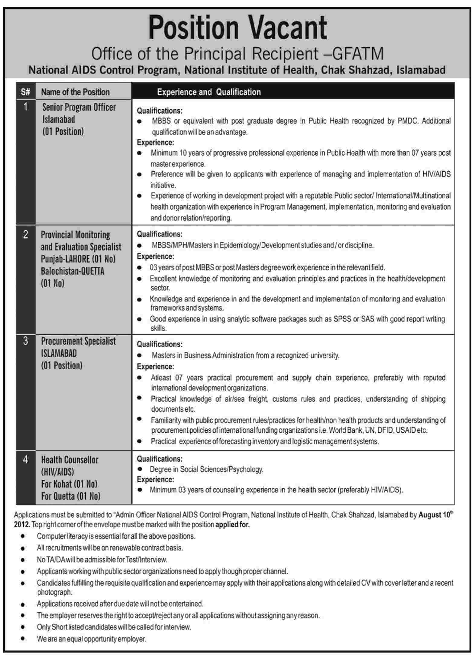 National AIDS Control Program, National Institute of Health Requires Management Staff and Health Counselor (