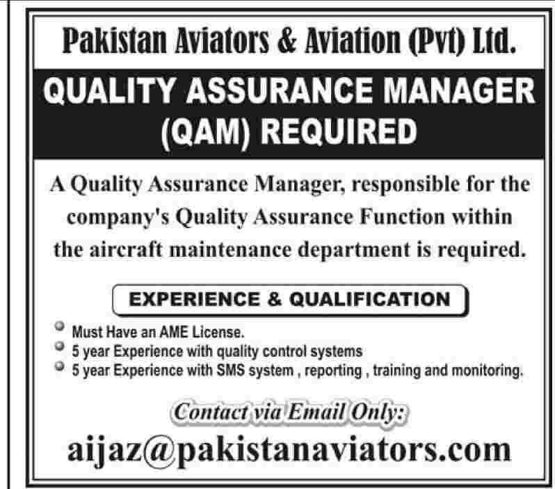 Quality Assurance Manager Required by Pakistan Aviators & Aviation (PVT) Ltd.